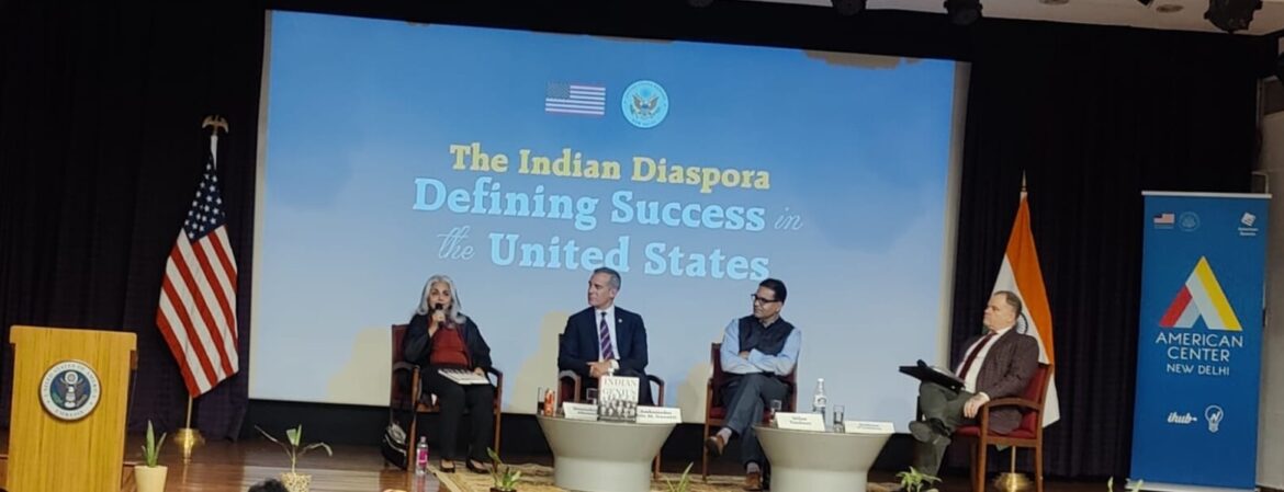 From Left, Meenakashi Ahamed, Ambassador Eric Garcetti, Milan Vaishnav, and William O'Connor on December 10, 2024, in New Delhi. PHOTO: Prasad Kunduri