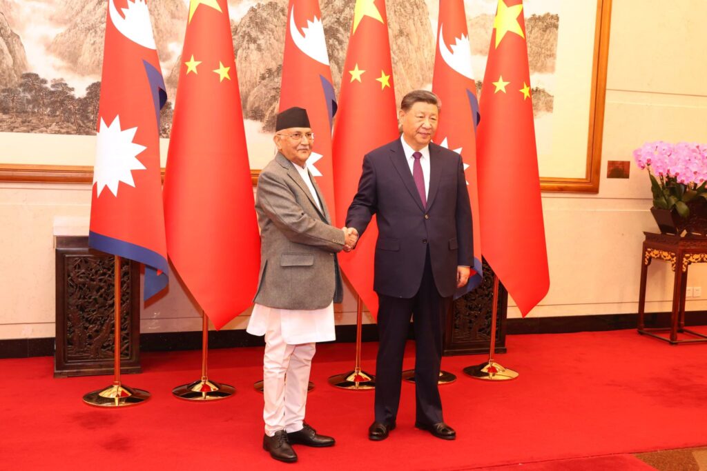 Prime Minister of Nepal K P Sharma Oli with Chinese President Xi Jinping, during his recent visit to China. PHOTO: X@kpsharmaoli