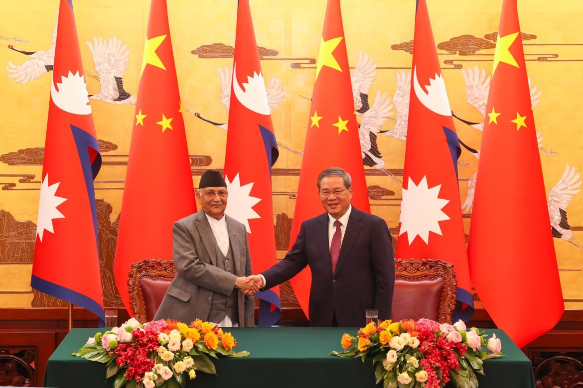Prime Minister of Nepal K P Sharma Oli with Chinese Premier Li Qiang, during his recent visit to China. PHOTO: X@kpsharmaoli