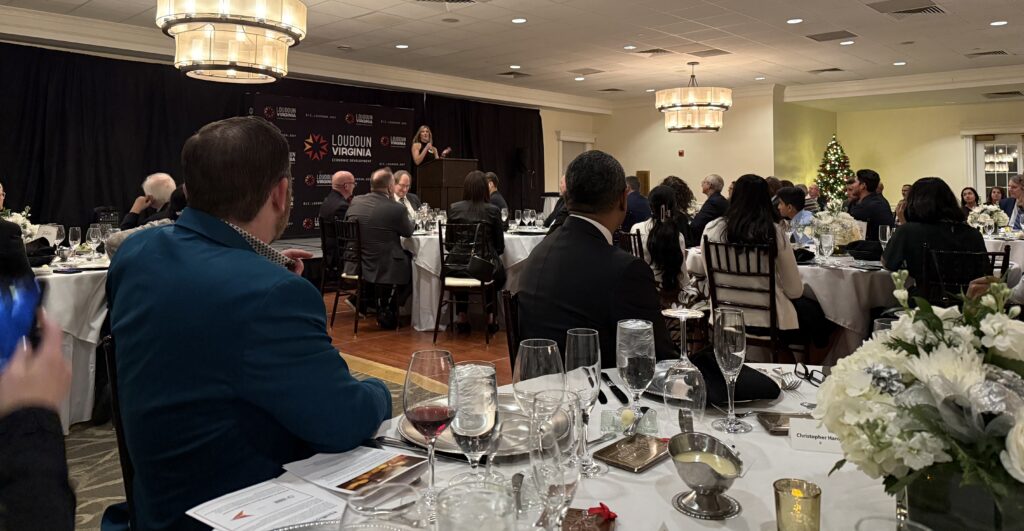 Small Business and Entrepreneurship Manager at Loudoun Economic Development, Danelle Hayer addressing the gathering during the Loudoun awards gala on December 5, 2024, at the Belmont Country Club in Ashburn, Virginia. PHOTO: T. Vishnudatta Jayaraman, SAH