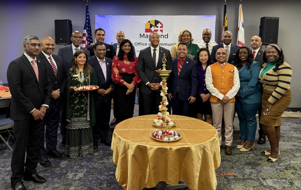 Maryland Governor Wes Moore and Lt. Governor Aruna Miller with Maryland elected officials and guests on December 9, 2024, in Largo, Maryland. PHOTO: T. Vishnudatta Jayaraman, SAH