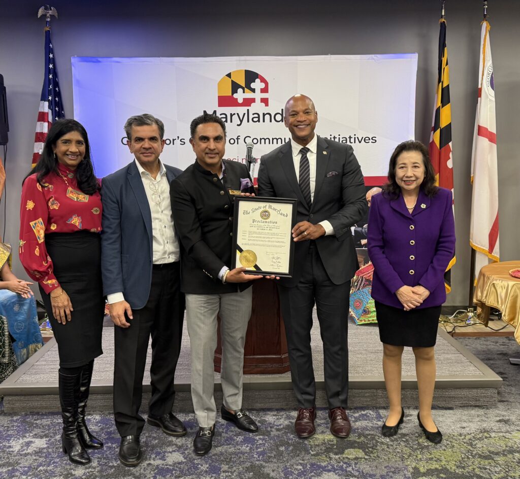 From left, Aruna Miller, Ahmed Nawaz, Gurpreet Takhar (holding the Governor's proclamation), Wes Moore, and Susan Lee on December 9, 2024, in Largo, Maryland. PHOTO: T. Vishnudatta Jayaraman, SAH