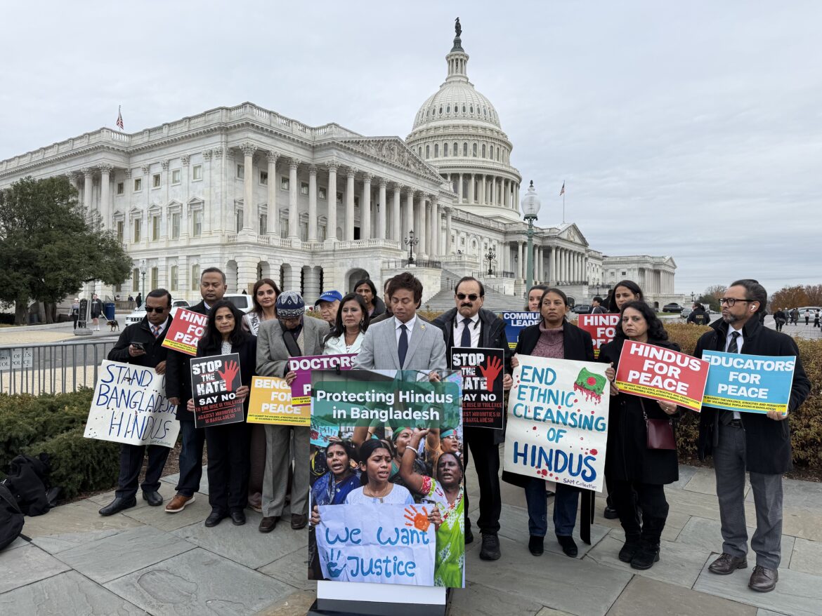 Indian American Congressman, Shri Thanedar calling to end religious persecution in Bangladesh, at a press conference, on December 18, 2024, at the US Capitol in Washington DC. PHOTO: T. Vishnudatta Jayaraman, SAH