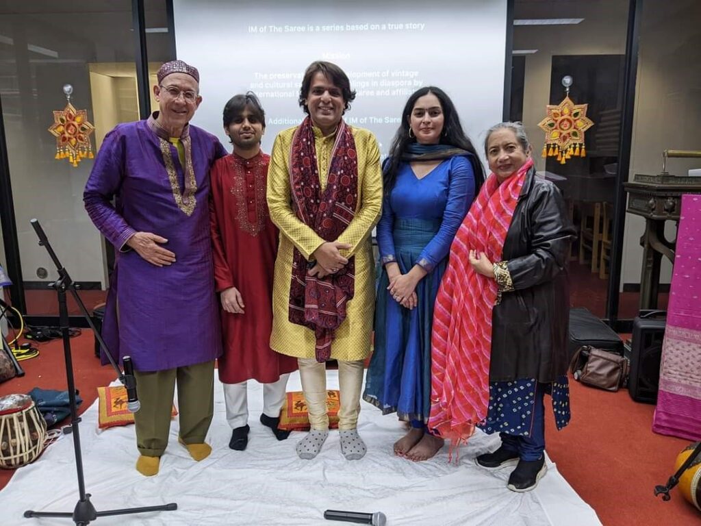 Renowned musician and composer, Ustad Kamal Sabri, of International Museum of The Saree, his students and Jasbir Nami Kaur of GOPIO. PHOTO: International Museum of Sarees (IMAS)