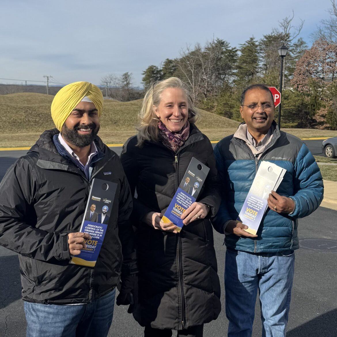 From left, JJ Singh, Abigail Spanberger, and Kannan Srinivasan on January 5, 2025, in Loudoun County, Virginia. PHOTO: X@SinghforVA