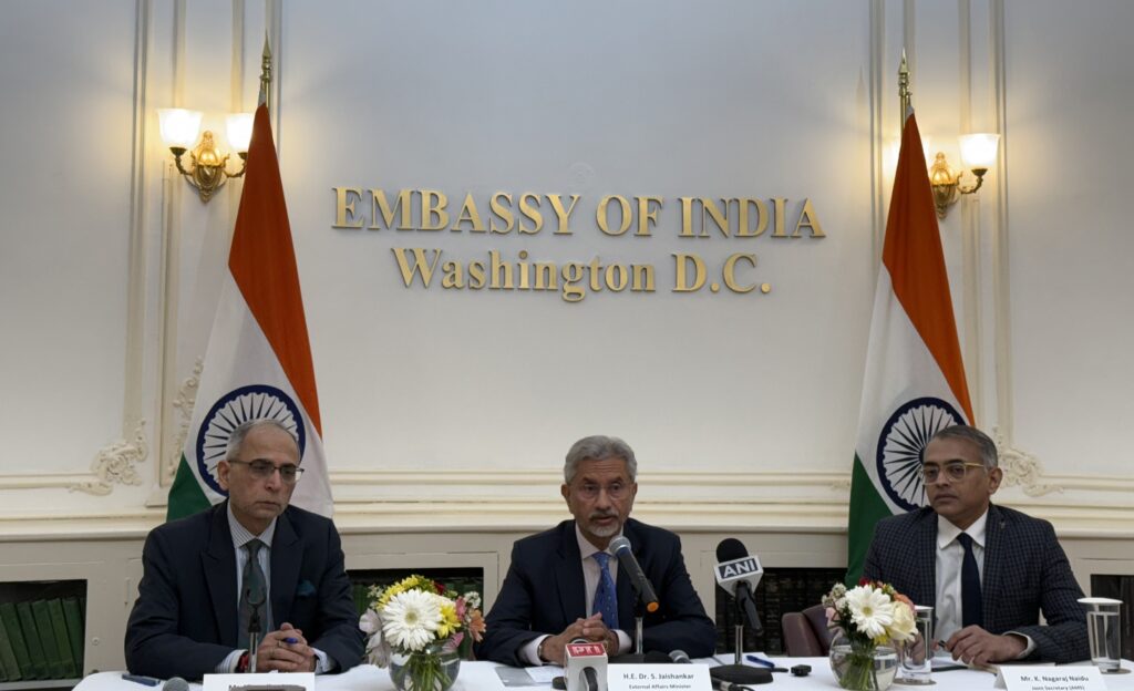 From left, Ambassador Vinay Kwatra, Foreign Minister S Jaishankar, and Joint Secretary, Nagaraj Naidu during the press conference on January 22, 2025, at the Embassy of India in Washington DC. PHOTO: T. Vishnudatta Jayaraman, SAH