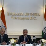 From left, Ambassador Vinay Kwatra, Foreign Minister S Jaishankar, and Joint Secretary, Nagaraj Naidu during the press conference on January 22, 2025, at the Embassy of India in Washington DC. PHOTO: T. Vishnudatta Jayaraman, SAH