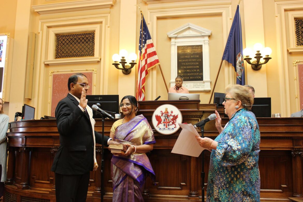 PHOTO-2025-01-20-07-09-56 Kannan Srinivasan, accompanied by his wife Jayashree Sreenivasan, being sworn in by Clerk of Virginia Senate Susan Clarke Schaar on January 15, 2025 in Richmond, Virginia. Lieutenant Governor Winsome Sears also see in the picture. PHOTO: Kannan Srinivasan