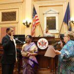 Kannan Srinivasan, accompanied by his wife Jayashree Sreenivasan, being sworn in by Clerk of Virginia Senate Susan Clarke Schaar on January 15, 2025 in Richmond, Virginia. Lieutenant Governor Winsome Sears also see in the picture. PHOTO: Kannan Srinivasan