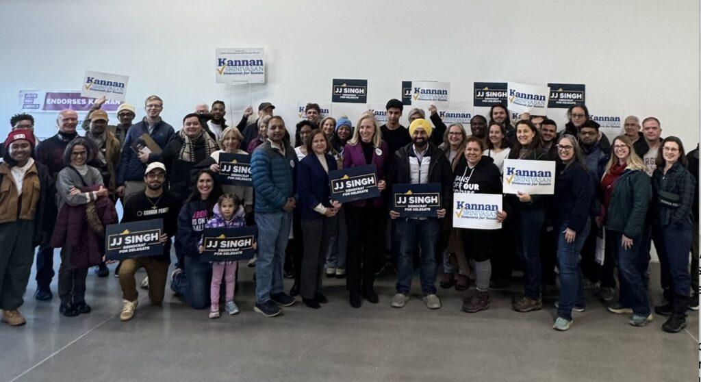 Abigail Spanberger with Democratic candidates, elected officials and volunteers on January 5, 2025, in Loudoun County, Virginia. PHOTO: X@SinghforVA