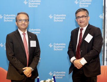 India’s CG in New York Binaya S. Pradhan, left, with Ashish Chauhan, CEO of India’s National Stock Exchange, at the Feb. 8, 2025, India Business Conference at Columbia University. PHOTO: X @IndiainNewYork.   