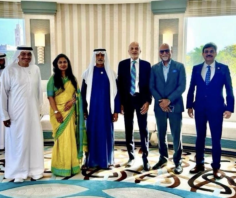 From left, Dr Tayeb Kamali (Chairman of Abu Dhabi School of Management), Nisha Nambiar (Senior Director of Community Relations at Indiaspora), Sheikh Nahyan (UAE Cabinet Minister of Tolerance), MR Rangaswami (Indiaspora Founder and Chairman), Sreekumar Nair (CEO of Indiaspora India and SVP of Indiaspora’s Global East Activities), and Chandra Sen Hada (CFO, Lock and Croft) in Feb 2024, Abu Dhabi. PHOTO: Indiaspora 