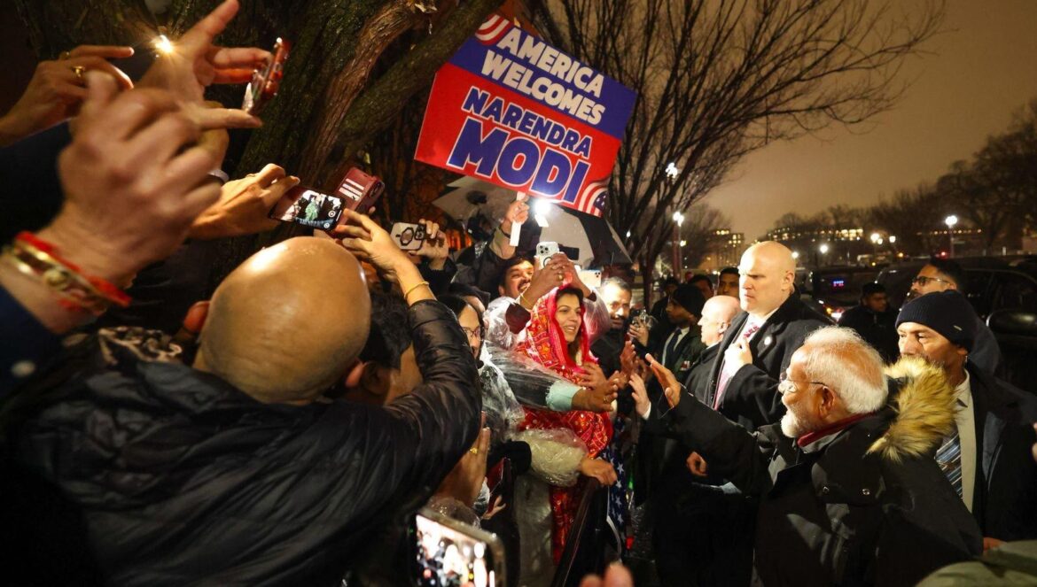 Community members greet Prime Minister Narendra Modi on February 12, 2025, in Washington DC. PHOTO: X@narendramodi