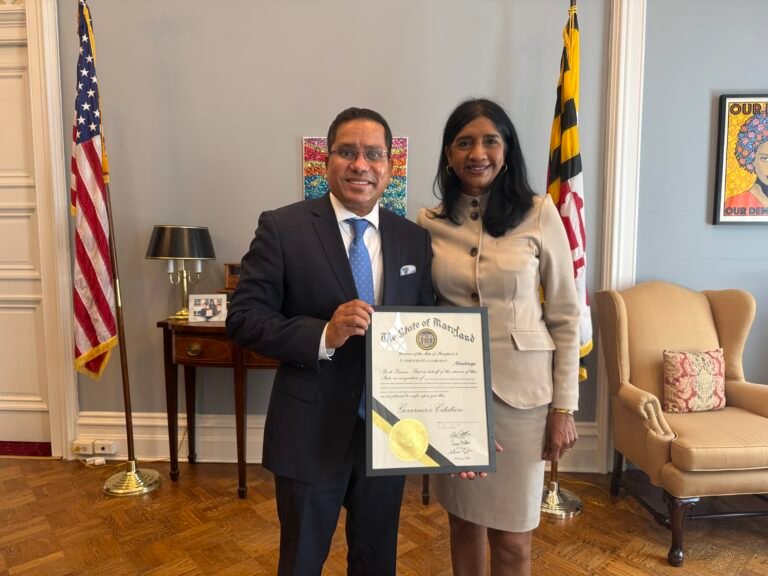 T. Vishnudatta Jayaraman receiving the Governor’s Citation from Lieutenant Governor of Maryland, Aruna Miller, on June 25, 2026, in Annapolis, Maryland. PHOTO: Rachel Sawicki