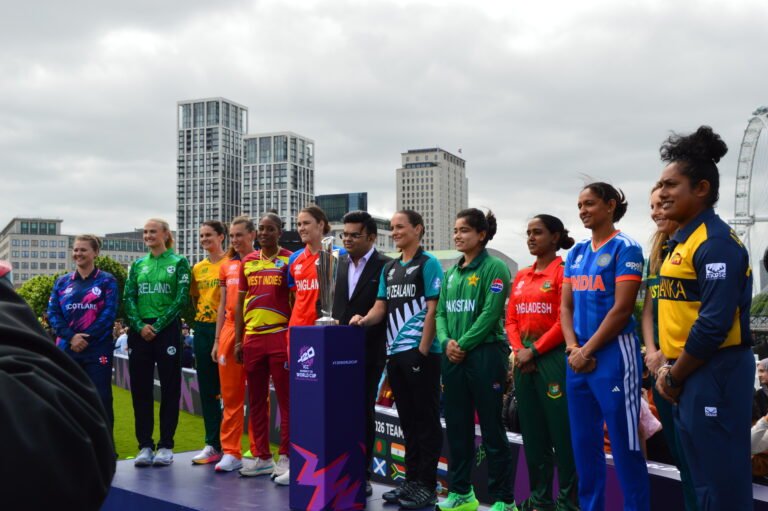 ICC president, Jay Shah with the Captains and the Women's T20 World Cup trophy at Waterloo Bridge in London. PHOTO: Anirudh Nair, SAH