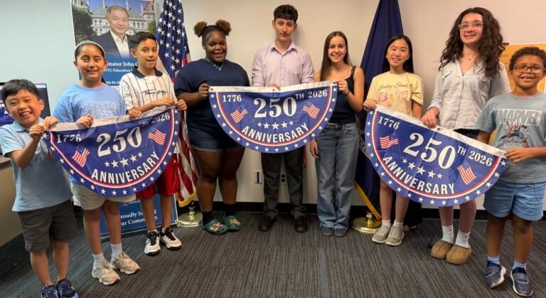 From left, Daniel Gim (PS 221), Amelia Anwarzai (PS 221), Gustavo Encalda (IS 237), Paris King (Bayside High School), Tyler Kodi (Chaminade High School), Rea Suca (Bayside High School), Claire Chen (MS 67), Anastasia Podolskiy (Francis Lewis High School), Liam Nikkos Rose (PS 71). Courtesy: Senator John Liu’s Office