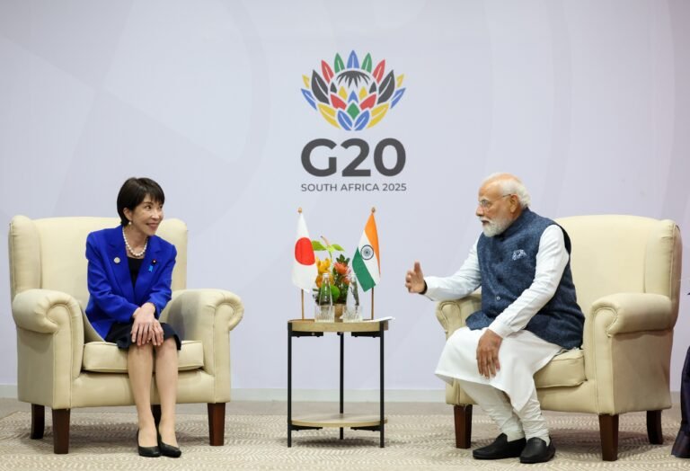 Prime Minister Sanae Takaichi and Prime Minister Narendra Modi meeting during the G20 Summit in November 2025. PHOTO: X@narendramodi