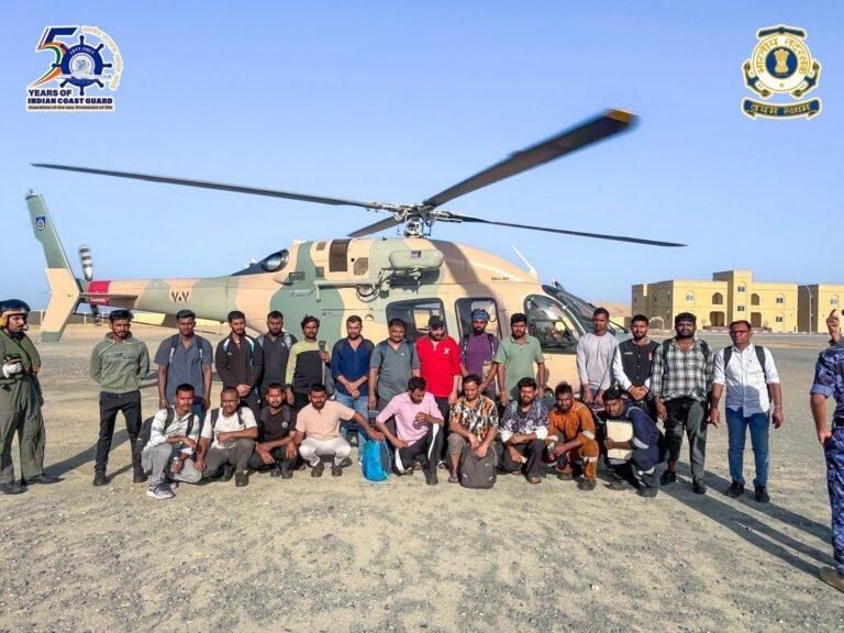 MRCC Mumbai coordinated with OMSC Oman, ensuring the safe rescue of 24 Indian crew by Oman Navy helicopters on June 8, 2026. PHOTO: X@IndiaCoastGuard