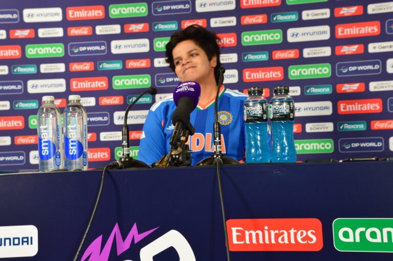 Shafali Verma speaking in the post-match press conference. She scored 55 runs and took 3/20. PHOTO: Anirudh Nair, SAH