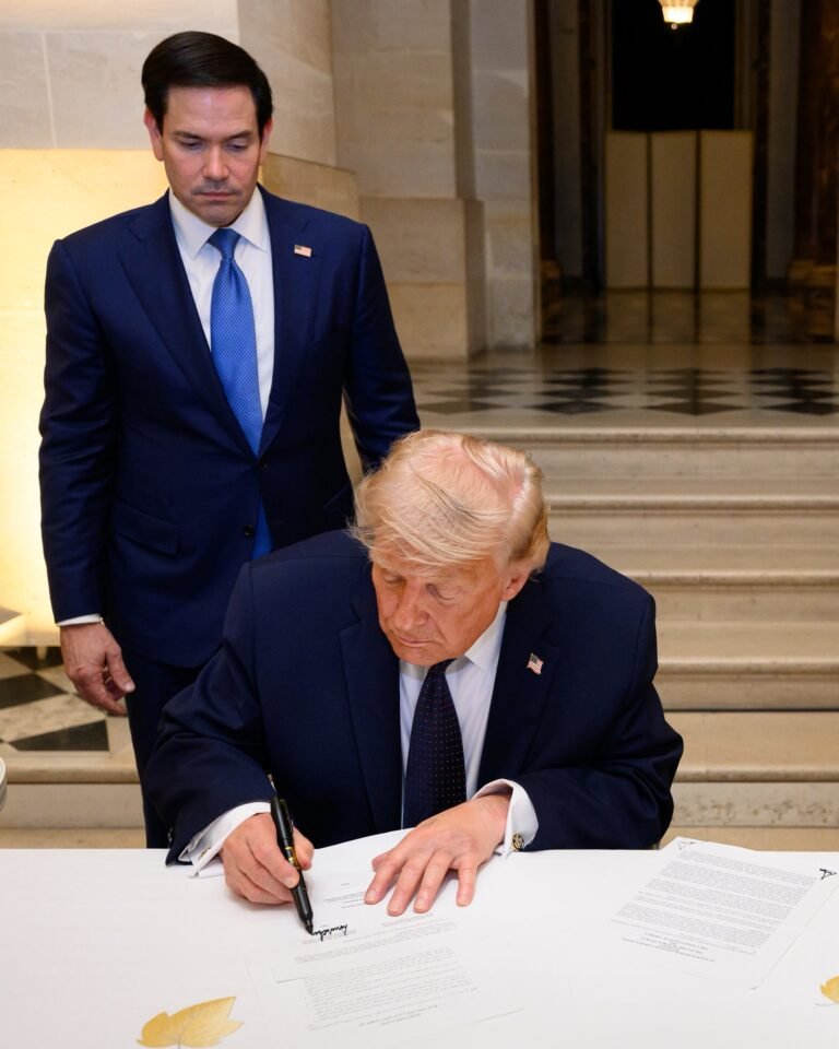 President Donald J. Trump signing the Iran Memorandum of Understanding in France. PHOTO: X@WhiteHouse