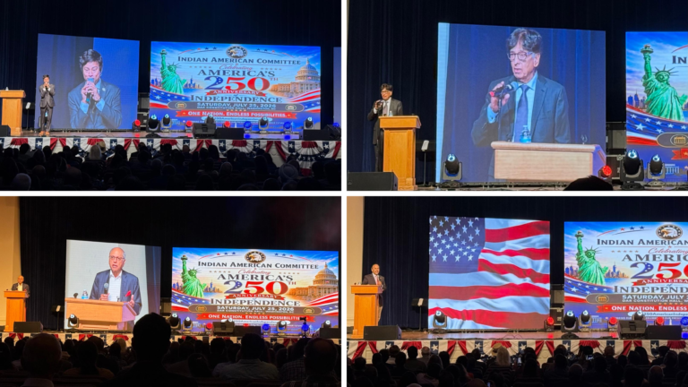 Clockwise, Congressman Shri Thanedar, Dr. Suvas Desai, Congressman Raja Krishnamoorthi, and Ramesh Kapur addressing the gathering on July 25, at DAR Constitution Hall in Washington DC. PHOTOS: T. Vishnudatta Jayaraman, SAH