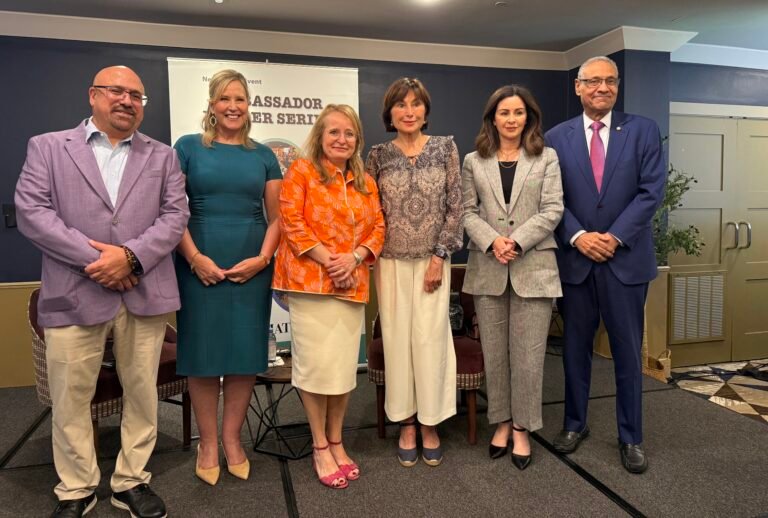 From left, Victor Shiblie of The Washington Diplomat; Journalist Adrienne Ross; Ambassador Nicole Bintner-Bakshian of Luxembourg; Ambassador Maguy Maccario Doyle of Monaco, Ambassador Sheikha Al-Zain Al-Sabah of Kuwait; and Ambassador Lionel Delatour of Haiti on July 15, 2026, at the Royal Sonesta Hotel in Washington, D.C. PHOTO: T. Vishnudatta Jayaraman, SAH