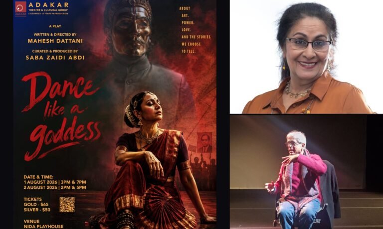 "Dance Like a Goddess," directed by Mahesh Dattani and produced by Saba Zaidi Abdi of Adakar Theatre, opens at NIDA Playhouse in Sydney on August 1, 2026. Zaidi Abdi (top right) and Dattani (bottom right) at an Adakar workshop ahead of the production. PHOTOS: Saba Zaidi Abdi