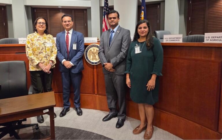From left, Poornima Shenoy from FICCI, Dr. Brij Mohan of the Ministry of Commerce and Industry, Shreyans Gupta, from the Embassy of India, and Shuchita Sonalika from CII on July 8, 2026, during the testimony in Washington DC. PHOTO: Shuchita Sonalika