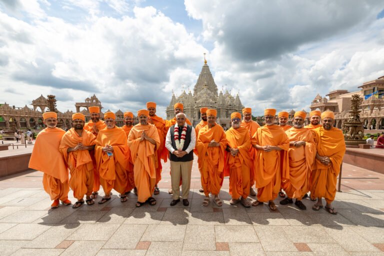 Gujarat Chief Minister Bhupendrabhai Patel with BAPS swamis during his visit to BAPS Swaminarayan Akshardham on August 22, 2026, in Robbinsville, New Jersey. PHOTO: BAPS