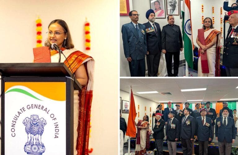 Consul General of India Kajari Biswas addresses the gathering, is joined by veterans, and raises the national tricolor at the Consulate General of India, Perth, on August 15, 2026. Photos: Consulate General of India, Perth; Pooja Bhardwaj, SAH