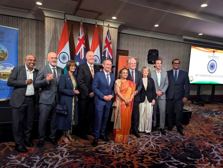Left to right: Jags Krishnan, MLA; Hugh Jones, Parliamentary Secretary; Parwinder Kaur, MLC; David Michael, MLA; Premier Roger Cook; Consul General Kajari Biswas; Governor Christopher Dawson; Darrilyn Dawson; Chad Anderson, Director General and Yaz Mubarakai, MLA, at India's 80th Independence Day reception, Duxton Hotel, Perth, August 17, 2026. PHOTO: Pooja Bhardwaj, SAH