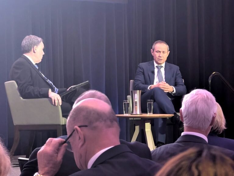 Western Australian Premier Roger Cook (right) takes questions from directors during a moderated session with Carl Cockerham, AICD's state manager for Western Australia, at the Australian Institute of Company Directors WA Annual Lunch, August 21, 2026. PHOTO: Pooja Bhardwaj, SAH