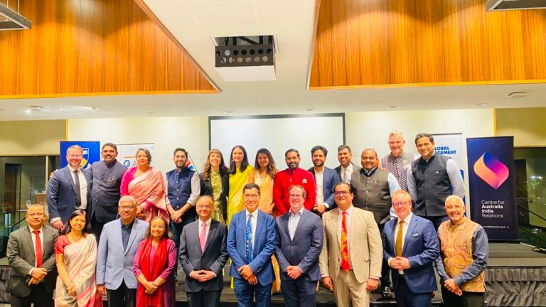 AIYD 2026 dignitaries and Steering Committee members at the closing ceremony, University Club of Western Australia, Perth, July 31, 2026.
Front row, left to right: Naresh Kumar, Consul; Irina Thakur, Deputy High Commissioner; Anish Rajan, Consul General, Melbourne; Kajari Biswas, Consul General, Perth; Nagesh Singh, High Commissioner to Australia; Amit Chakma, Vice-Chancellor, UWA; Matt Keogh, MP; Yaz Mubarakai, MLA; Bruce Reynolds, Lord Mayor of Perth; Ian Martinus, Investment and Trade Commissioner (India-Gulf)
Back row, left to right: Tim Dwyer, AIYD Incoming Chair; Anthony Vipin Das, Co-Chair; Puja Currer-Ganguli; Anand Shriram; Marni O'Connell; Michelle Jasper, Co-Chair (Outgoing); Aishwarya Manivannan; Kumaravel Thangavel; Aman Gaur; Harsh Chirania, First Secretary, HCI; Ram Gorlamandala; David Eggleston, CAIR; Saurabh Ranadive, AIYD Steering Committee. PHOTO: Pooja Bhardwaj, SAH