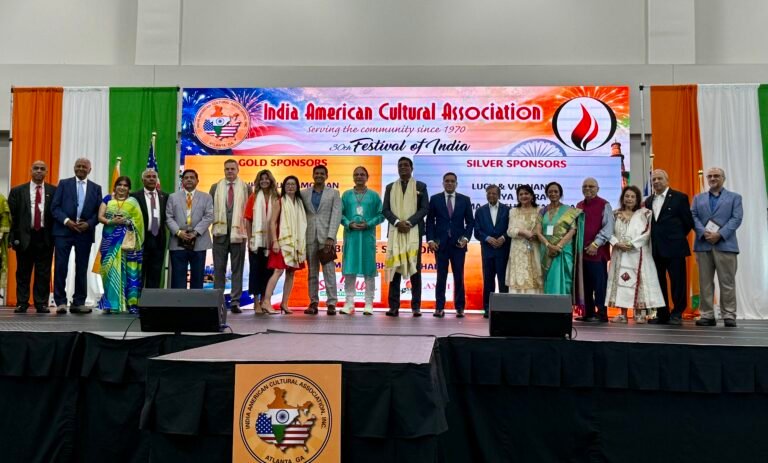 Consul General of India in Atlanta, Ramesh Babu Lakshmanan, Georgia state elected officials, IACA Board Members, awardees, and sponsors on August 15, 2026, during the IACA 30th Festival of India celebrations at the Gas South Center in Atlanta. PHOTO: Organizers