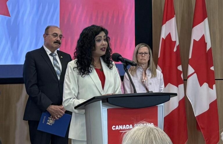 Canadian Member of Parliament Iqra Khalid speaking at the press conference on August 28, 2026, at Mississauga City Hall, in Canada. PHOTO: Alisha Zaidi