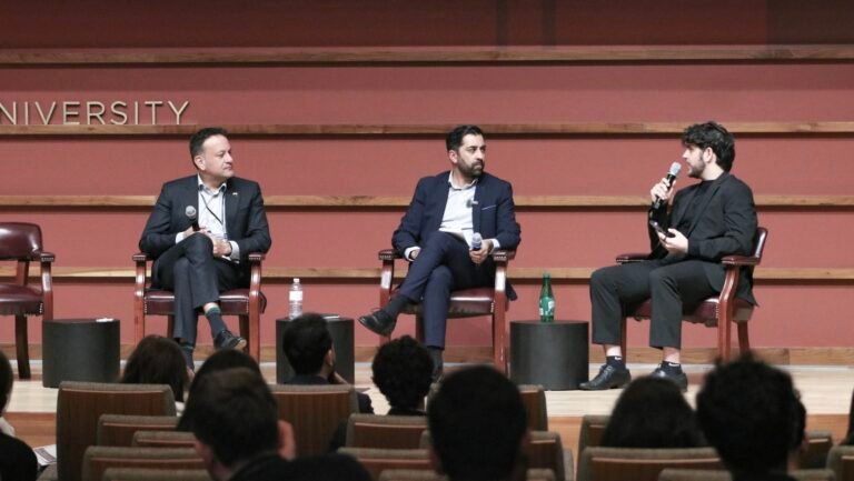 Former Irish Taoiseach Leo Varadkar (left) and former Scottish First Minister Humza Yousaf (centre) join a panel discussion moderated by Project Dosti co-founder Luv Jawahrani during the inaugural India-Pakistan Friendship Conference at Stanford University's Hoover Institution. PHOTOS: Project Dosti