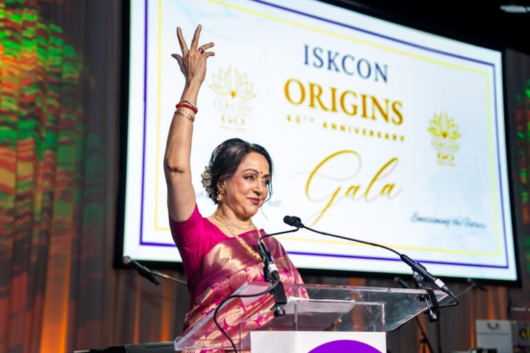 Acclaimed actress, parliamentarian, and lifelong Krishna devotee Hema Malini addressing the gathering on July 31, 2026, in New York. PHOTO: ISKCON