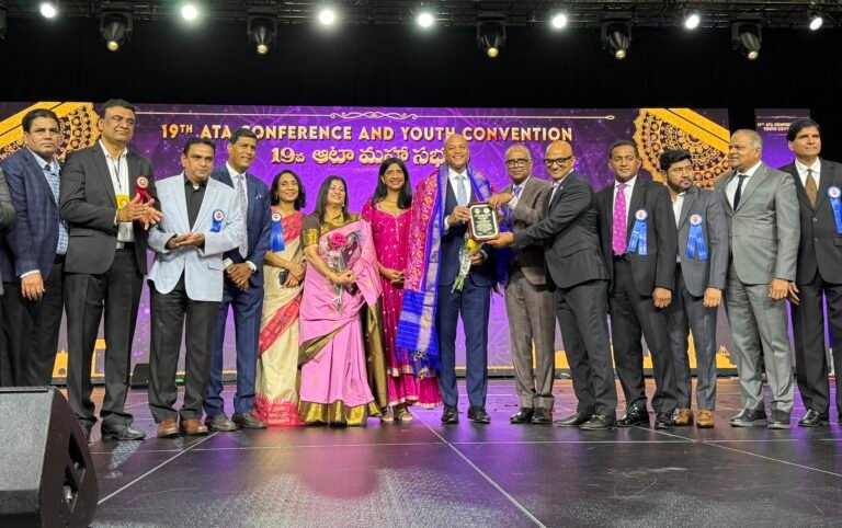 American Telugu Association leaders greeting Maryland Governor Wes Moore and Lieutenant Governor Aruna Miller on August 2, 2026, at the Baltimore Convention Center in Maryland. PHOTO: T. Vishnudatta Jayaraman, SAH