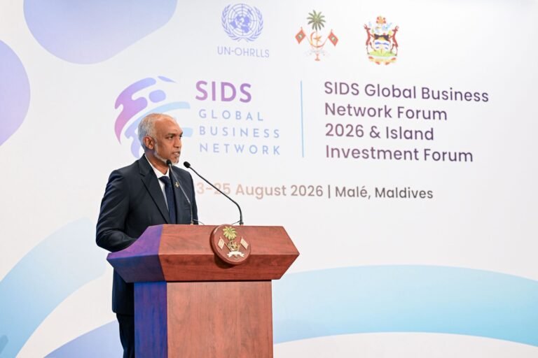 Maldives President Mohamed Muizzu speaking at the SIDS Global Business Network Forum on August 23, 2026, in Malé, Maldives. PHOTO: X@presidencymv