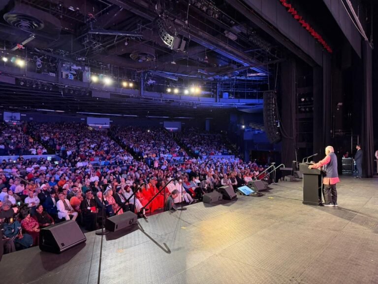 Rashtriya Swayamsevak Sangh Chief Mohan Bhagwat speaking on August 29, 2026, at Madison Square Garden in New York. PHOTO: X@RSSorg
