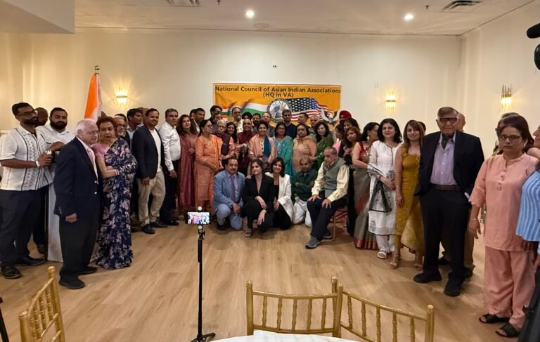 NCAIA members and guests pose for a group picture with the outgoing Embassy official Rajiv Ahuja on August 7, 2026, in Fairfax, Virginia. PHOTO: T. Vishnudatta Jayaraman, SAH