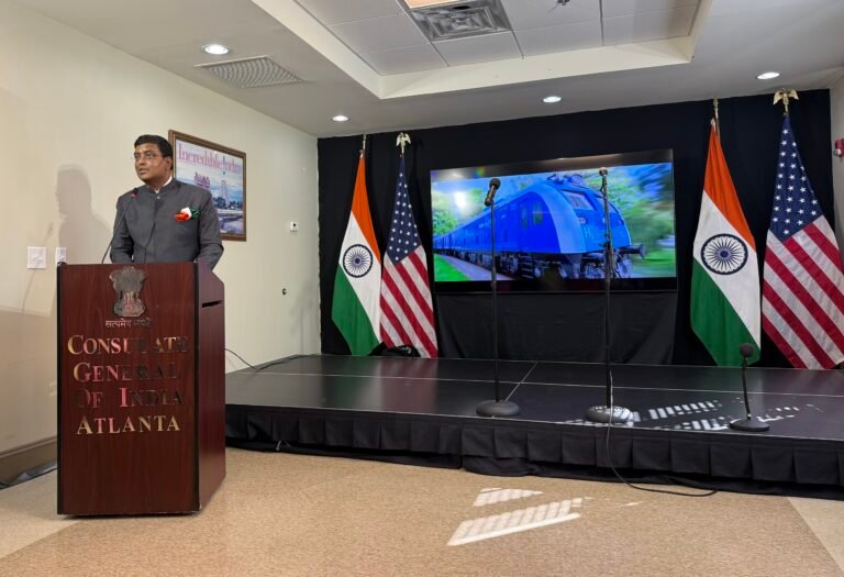 Consul General of India in Atlanta Ramesh Babu Lakshmanan, addressing the gathering on August 15, 2026, at the Consulate General of India in Atlanta, Georgia. PHOTO: T. Vishnudatta Jayaraman, SAH