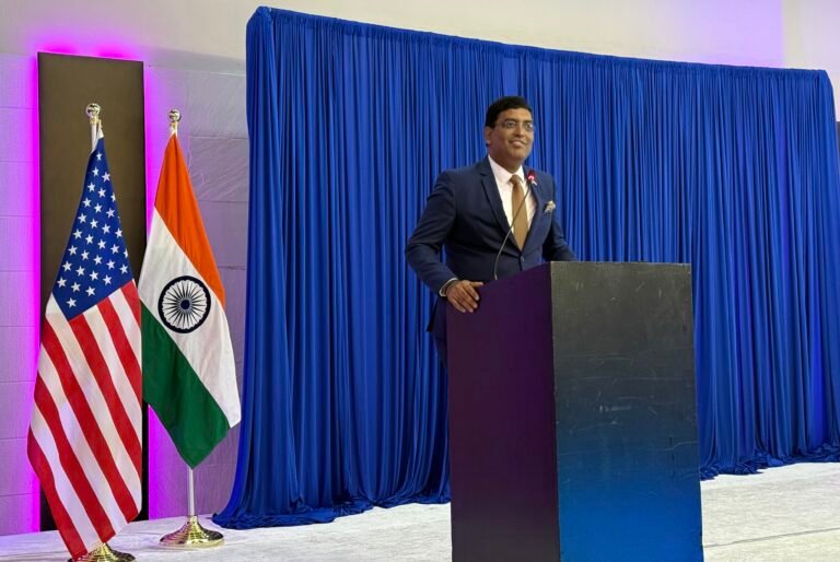 Consul General of India in Atlanta, Ramesh Babu Lakshmanan addressing the gathering during the community event on August 14, 2026, in Atlanta, Georgia. PHOTO: T. Vishnudatta Jayaraman, SAH