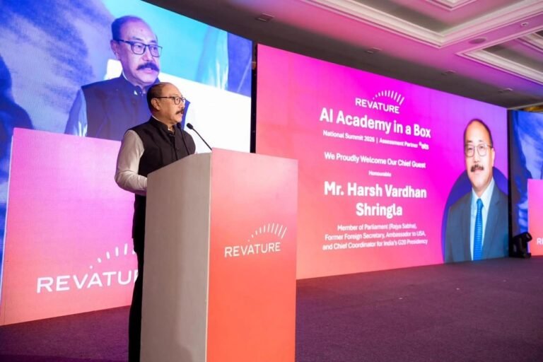 India's Member of Parliament (Rajya Sabha), Harsh Shringla, speaking at the National Summit on “Engineering India's Next Engineer,” in Chennai, on August 4, 2026. PHOTO: Revature