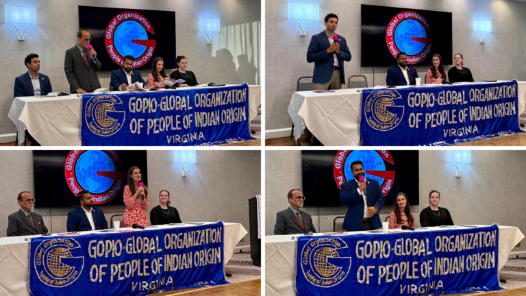 Clockwise, Jay Bhandari, Suhas Subramanyam, Saddam Salim, and Jennifer Boysko speaking at the GOPIO-Virginia's 17th Anniversary Celebrations on August 23, 2026. PHOTOS: T. Vishnudatta Jayaraman, SAH
