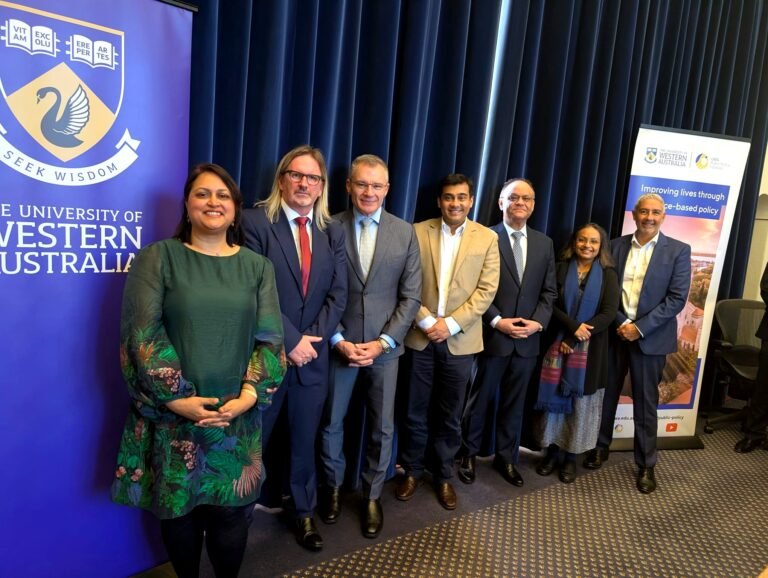 Nashid Chowdhury, Director, Global Growth and Advocacy, UWA; Assoc. Prof. Paul Maginn, Director, UWA Public Policy Institute; Prof. Guy Littlefair, Deputy Vice Chancellor, UWA; Senator Varun Ghosh; Nagesh Singh, High Commissioner of India to Australia; Kajari Biswas, Consul General of India in Perth; and Ian Martinus, Investment and Trade Commissioner for India-Gulf, Invest and Trade Western Australia, among other attendees at the 'Transforming Higher Education: Building Global Pathways from India' roundtable discussion, Winthrop Hall, The University of Western Australia, July 31, 2026. PHOTO: Pooja Bhardwaj, SAH
