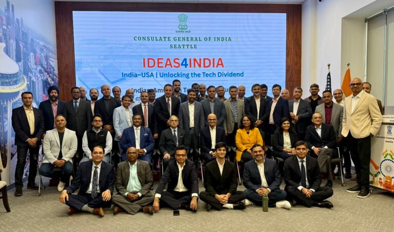Indian-origin technology executives pose for a group picture  with Microsoft Chairman and CEO Satya Nadella, India’s Ambassador to the United States, Vinay Kwatra, and Consul General of India in Seattle Prakash Gupta on September 17, 2026, at the CGI Seattle. PHOTO: T. Vishnudatta Jayaraman, SAH