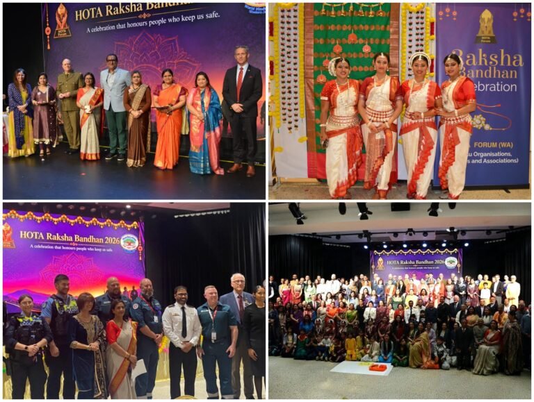 Scenes from the HOTA Raksha Bandhan celebration, held on September 6, 2026, in Perth, honoring members of the Australian Defense Force, WA Police, paramedics and the medical fraternity. PHOTO: Praveena Mittal, President, World Hindu Council of Australia