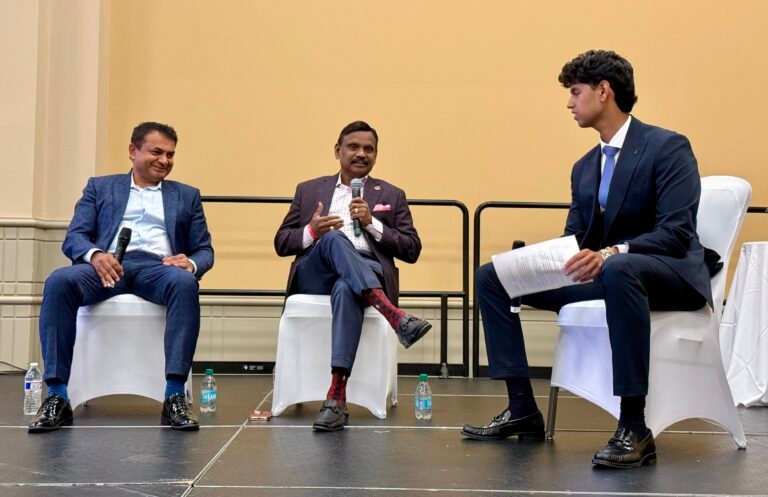 From left, Gautam Ijoor, Rajan Natarajan (speaking), and the event’s moderator during the panel discussion on September 6, 2026, in Philadelphia, Pennsylvania. PHOTO: T. Vishnudatta Jayaraman, SAH