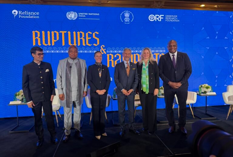 From left, President of ORF, Sameer Saran, Ghana’s Foreign Minister Samuel Ablakwa; Jamaica’s Minister of Foreign Affairs and Foreign Trade Kamina Johnson Smith; External Affairs Minister of India, S. Jaishankar; East-West Center President and Chief Executive Officer Celeste Connors; and Suriname’s Minister of Foreign Affairs, International Business and Cooperation Melvin Bouva; at the fifth annual India Day event “Ruptures and Ramparts: Building Bridges for a Changing World,” on September 24, 2026, in New York. PHOTO: T. Vishnudatta Jayaraman, SAH